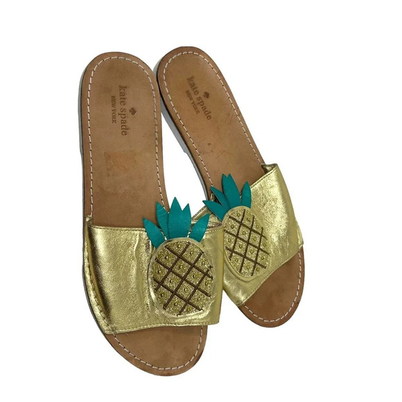Kate Spade Ibis Embroidered‎ Pineapple Slide Sandals In Gold Size US 9 - Picture 4 of 7